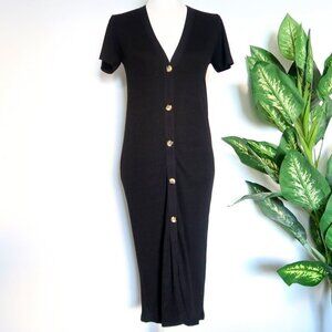 Zara Black Ribbed V-neck Short Sleeve Tortoise Button Front Midi Dress Size S